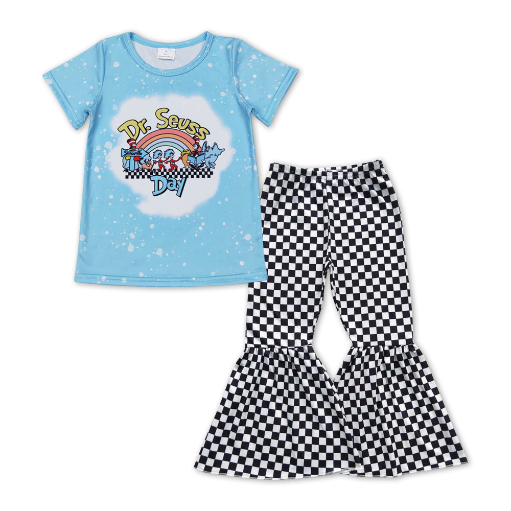 GSPO0928 Blue Dr. Reading Top Black Plaid Bell Pants Girls Clothes Set