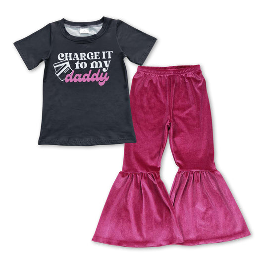 GSPO0929 Charge it to my daddy top hot pink velvet bell pants girls clothes set