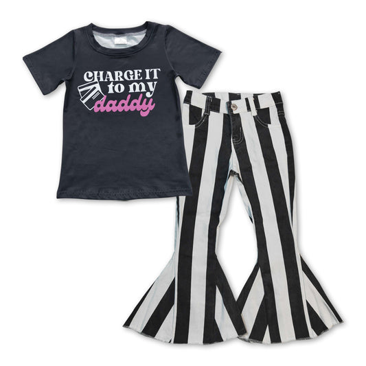 GSPO0930 Charge It To My Daddy Top Black Stripes Denim Jeans Girls Clothes Set
