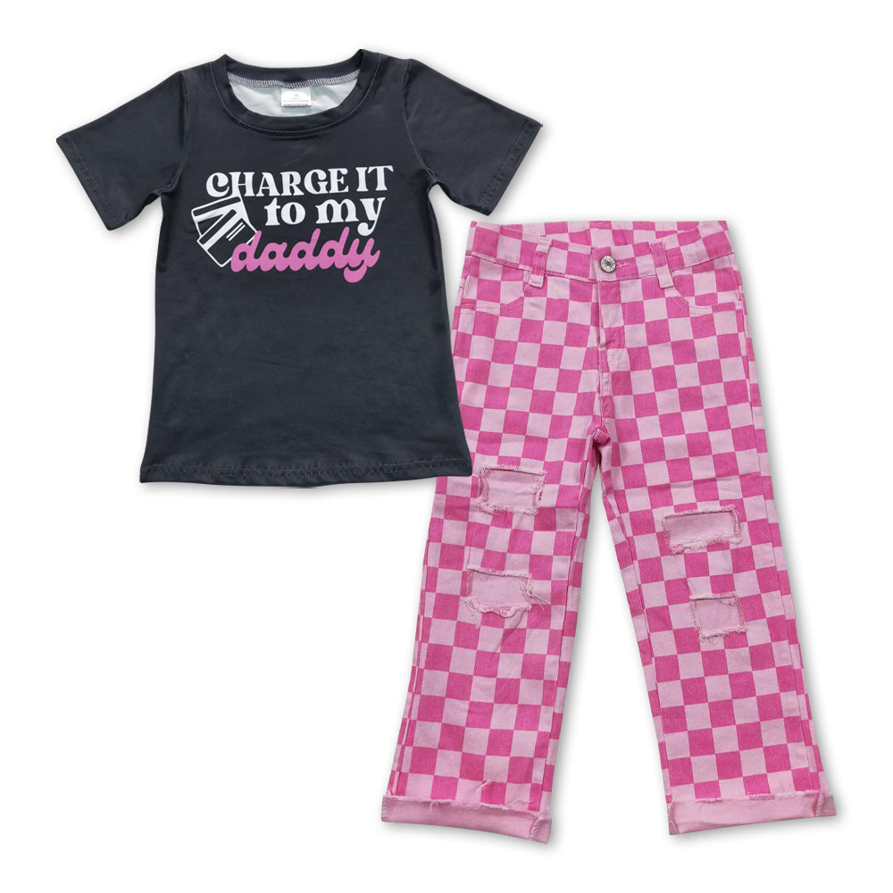 GSPO0931 Charge It To My Daddy Top Pink Plaid Hole Denim Jeans Girls Clothes Set