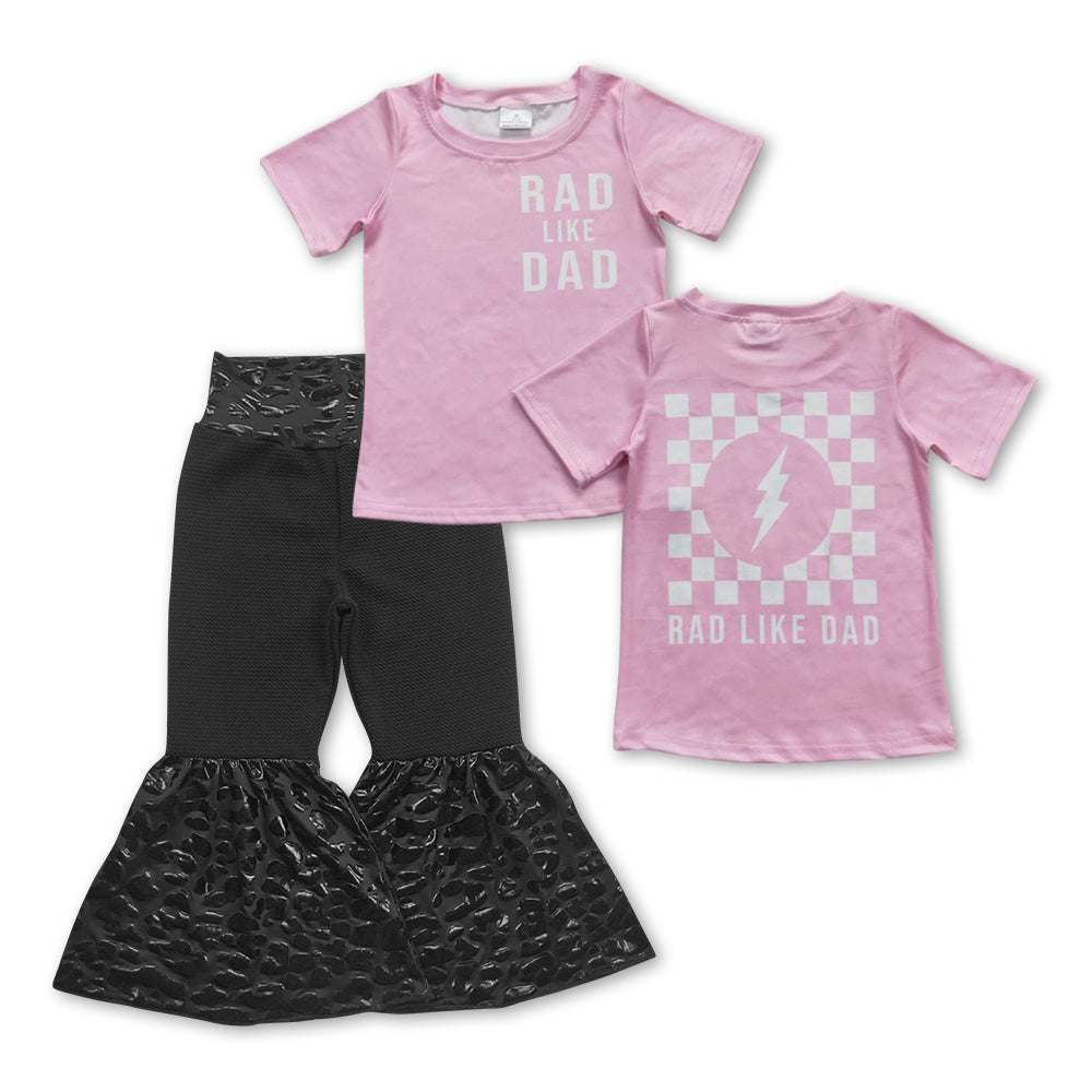 GSPO0933 Rad Like Dad Pink Top Black Leopard Pleather Bell Pants Girls Clothes Set