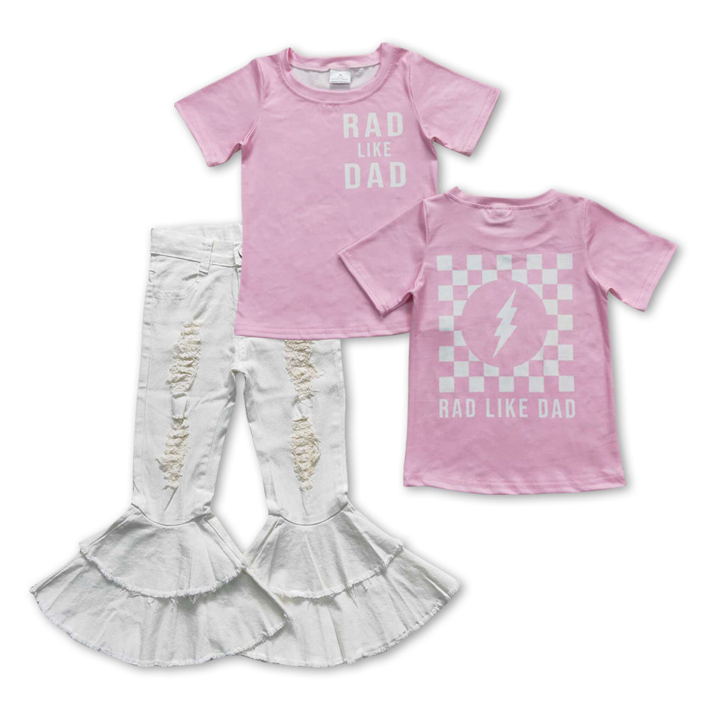 GSPO0934 Rad Like Dad Pink Top White Denim Jeans Girls Clothes Set