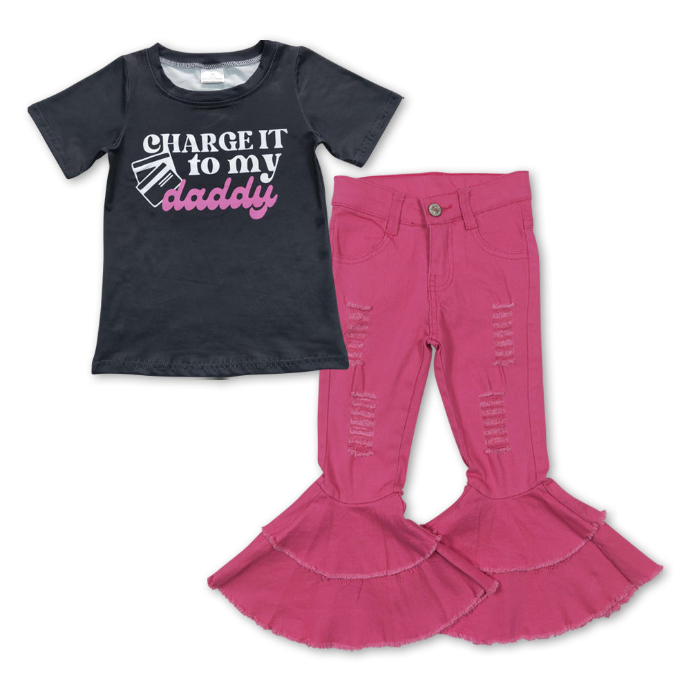 GSPO0935 Charge It To My Daddy Top Pink Denim Jeans Girls Clothes Set