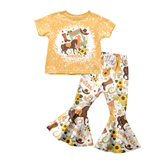 (Pre-order)GSPO0937 Cowgirl Mustard Western Print Bell Pants Clothes Set