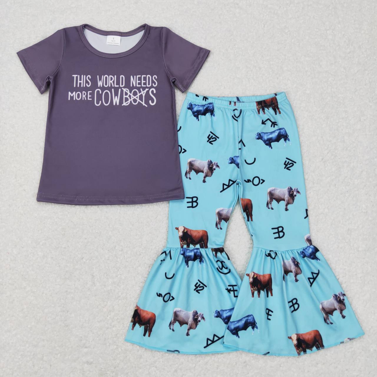 GSPO0939 This World Needs More Cowboys Print Bell Pants Girls Clothes Set