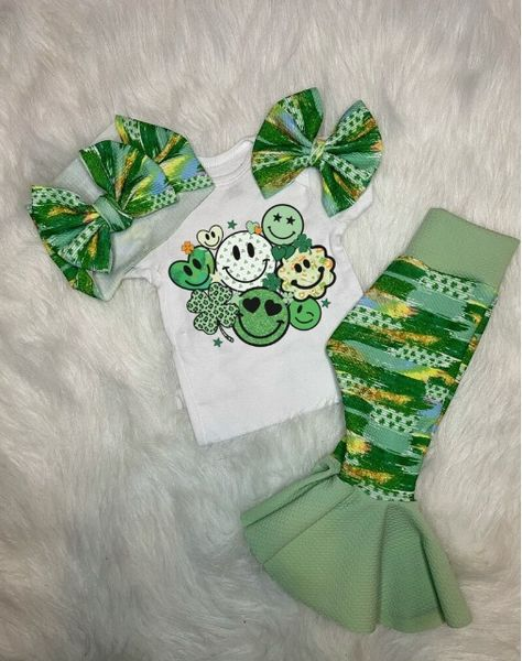 (Pre-order)GSPO0940 Green Smiling Face Print Bell Pants Girls St. Patrick's Clothes Set