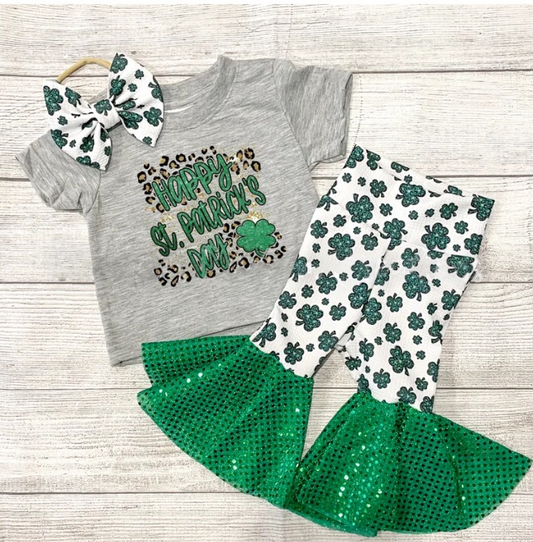 (Pre-order)GSPO0941 Happy St. Patrick's Day Print Grey Top Bell Pants Girls Clothes Set