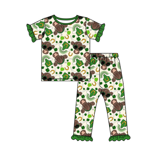(Pre-order)GSPO0945 Green Highland Cow Rainbow Print Girls St. Patrick's Pajamas Clothes Set