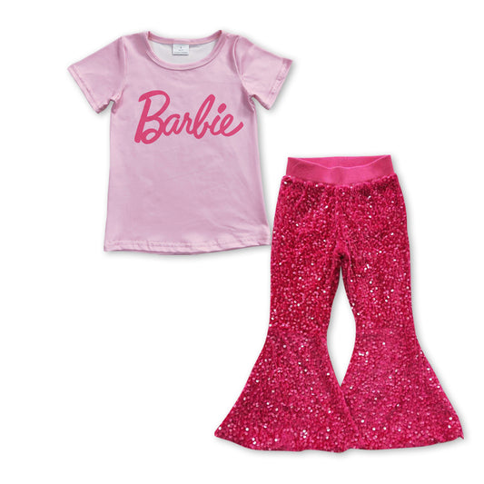 GSPO0950 Pink BA Top Sequin Bell Pants Girls Clothes Sets