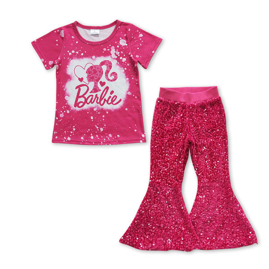 GSPO0951 Pink BA Heart Print Top Sequin Bell Pants Girls Clothes Sets