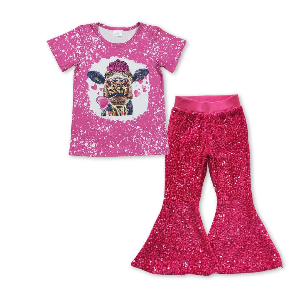 GSPO0952 Cow Print Top Hot Pink Sequin Bell Pants Girls Valentine's Clothes Sets