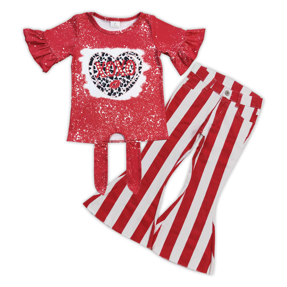 GSPO0953 XOXO Heart Top Red White Stripes Denim Bell Jeans Girls Valentine's Clothes Set