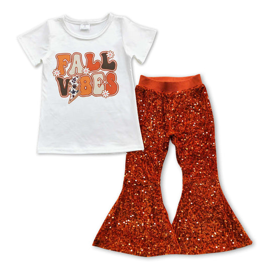 GSPO0955 Fall Flowers Top Orange Sequin Bell Pants Girls Clothes Sets