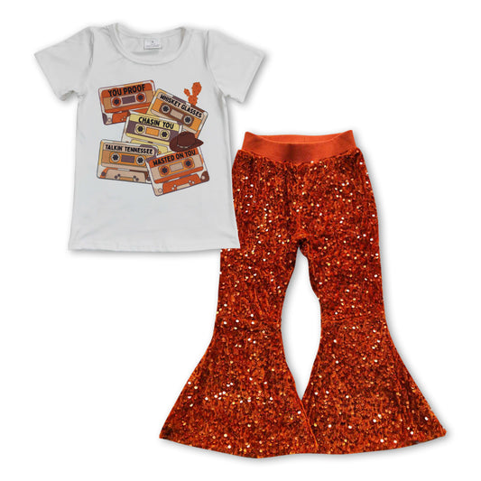 GSPO0956 Tape Top Orange Sequin Bell Pants Girls Clothes Sets