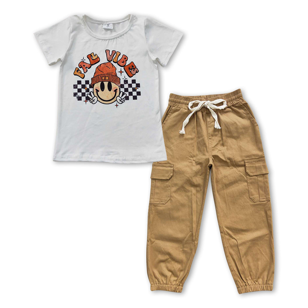 GSPO0957 Fall Vibes Smiling Face Top Khaki Cotton Pockets Pants Kids Clothes Sets