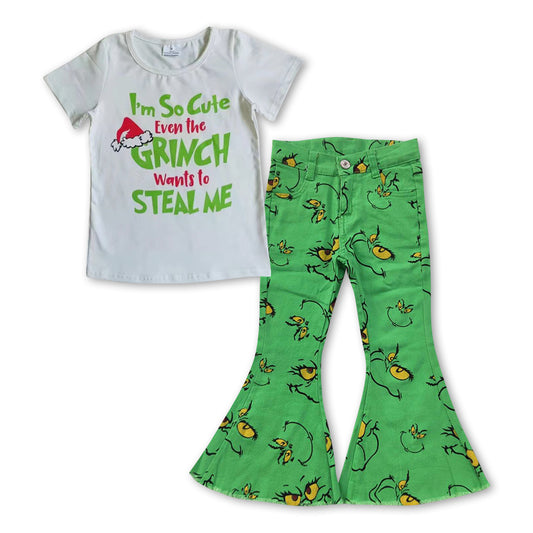 GSPO0958 I'm So Cute Top Christmas Green Frog Denim Bell Jeans Girls Clothes Set