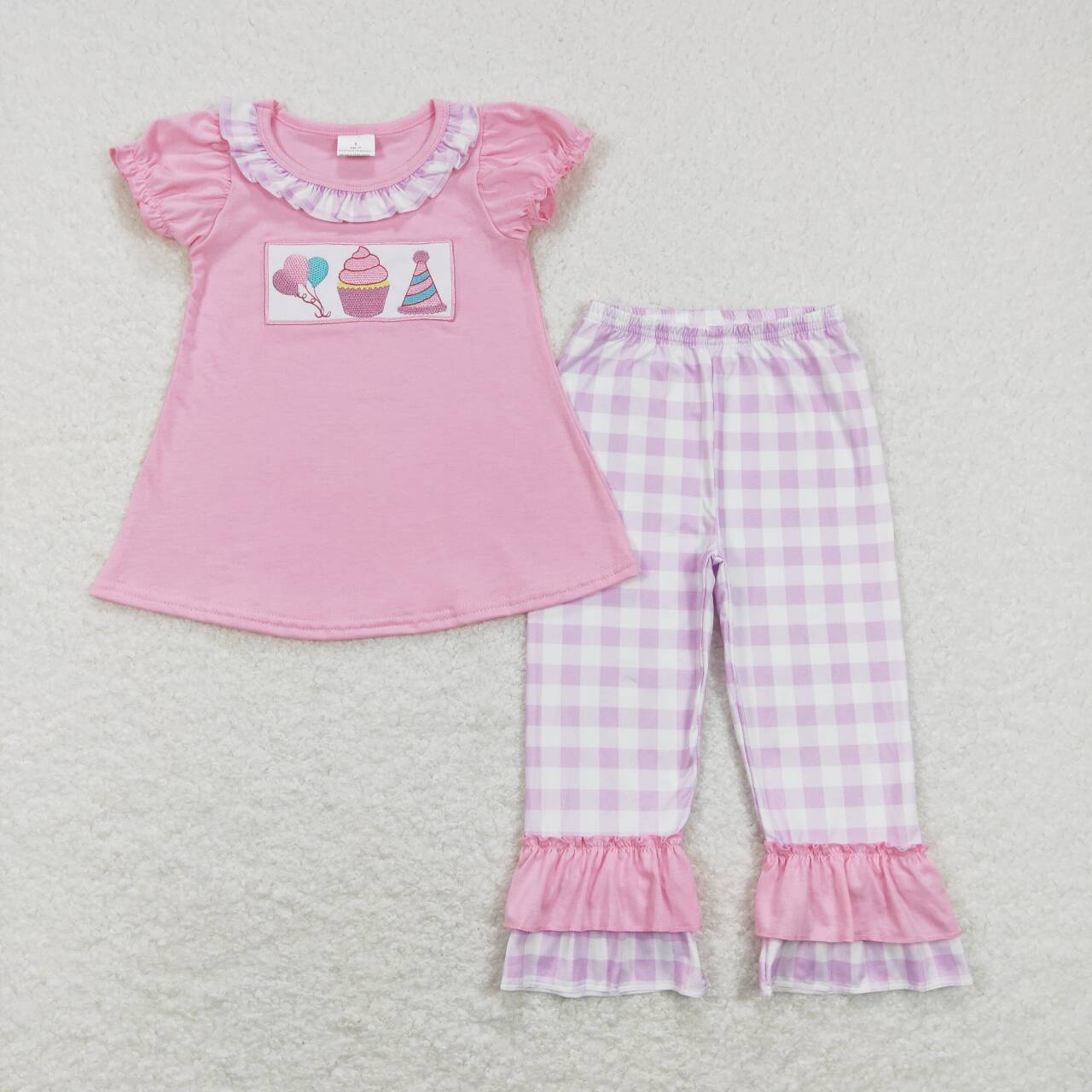 GSPO0960 Balloon Cake Hat Embroidery Top Pink Plaid Pants Girls Happy Birthday Clothes Set