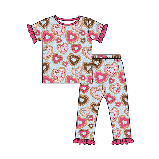 (Pre-order)GSPO0963 Doughnut Heart Print Girls Valentine's Pajamas Clothes Set
