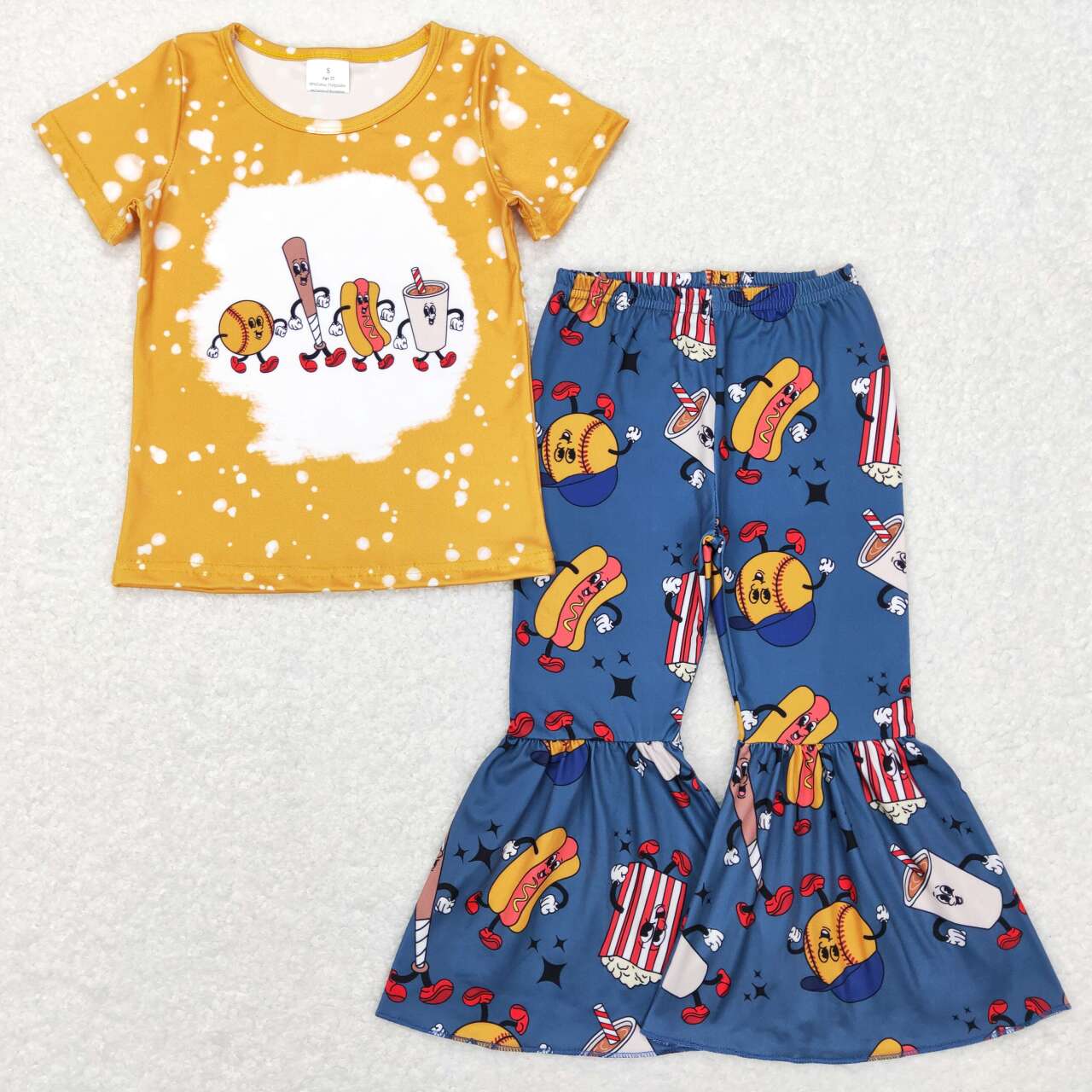 GSPO0965 Baseball Hot Dog Print Girls Bell Pants Clothes Set