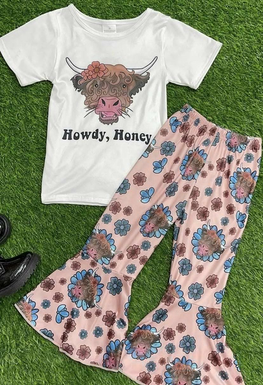 (Pre-order)GSPO0966 Howdy Honey Print Girls Bell Pants Western Clothes Set