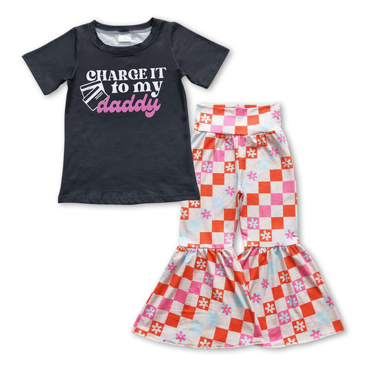 GSPO0967 Charge It To My Daddy Top Flowers Plaid Bell Pants Girls Clothes Set