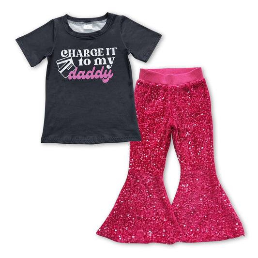 GSPO0970 Charge It To My Daddy Top Hot Pink Sequin Bell Pants Girls Clothes Sets