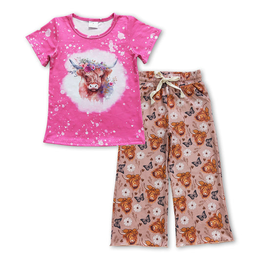 GSPO0971 Highland Cow Flowers Butterfly Print Girls Western Clothes Set