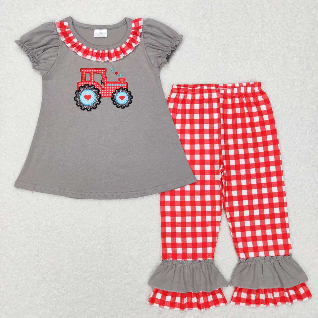 GSPO0972 Tractor Heart Embroidery Grey Top Red Plaid Pants Girls Valentine's Clothes Set