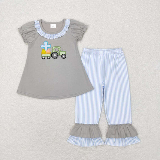 GSPO0973 Cross Egg Truck Embroidery Grey Top Blue Stripes Pants Girls Easter Clothes Set