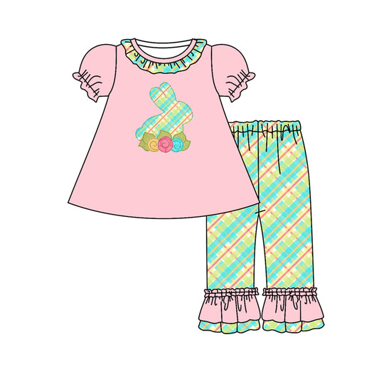 (Pre-order)GSPO0974 Pink Bunny Flowers Top Green Plaid Pants Girls Easter Clothes Set