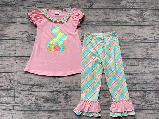 (Pre-order)GSPO0974 Pink Bunny Flowers Top Green Plaid Pants Girls Easter Clothes Set