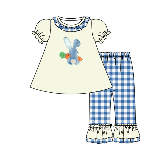 (Pre-order)GSPO0976 Bunny Carrot Top Blue Plaid Pants Girls Easter Clothes Set