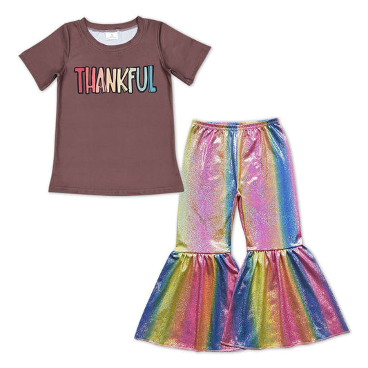 GSPO0979 Thankful Brown Top Colorful Bell Pants Girls Thanksgiving Clothes Set