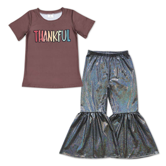 GSPO0980 Thankful Brown Top Black Bell Pants Girls Thanksgiving Clothes Set