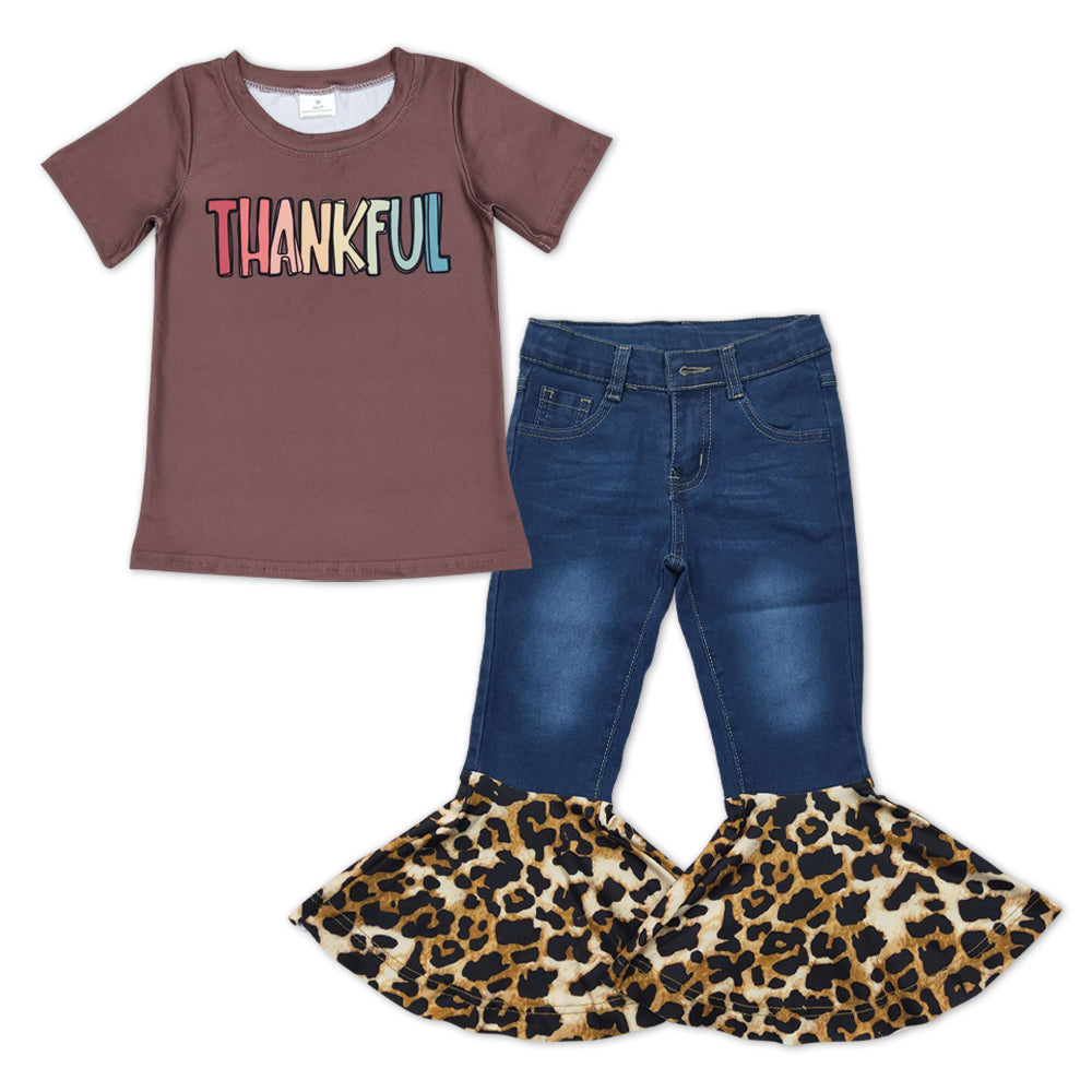 GSPO0981 Thankful Brown Top Blue Denim Leopard Ruffle Bell Jeans Girls Thanksgiving Clothes Set