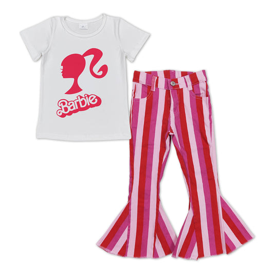 GSPO0982 Pink BA stripes denim bell jeans girls clothes set