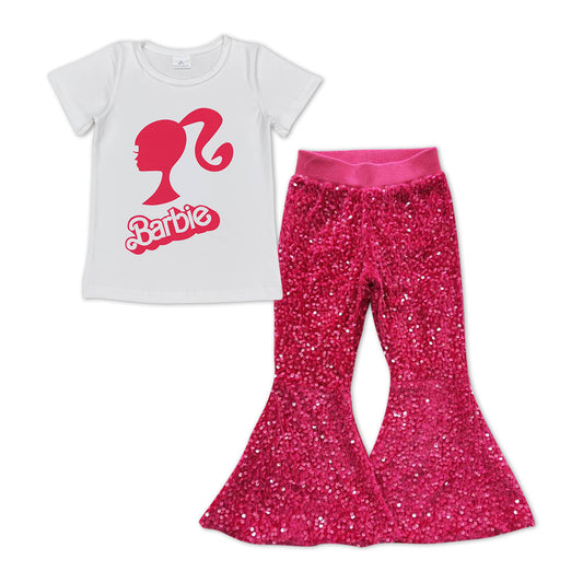 GSPO0983 Pink BA White Top Sequin Bell Pants Girls Clothes Sets