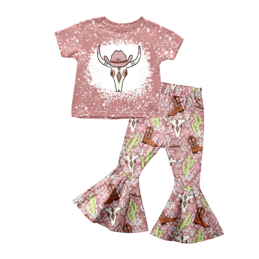 (Pre-order)GSPO0986 Pink Cow Skull Print Girls Bell Pants Western Clothes Set