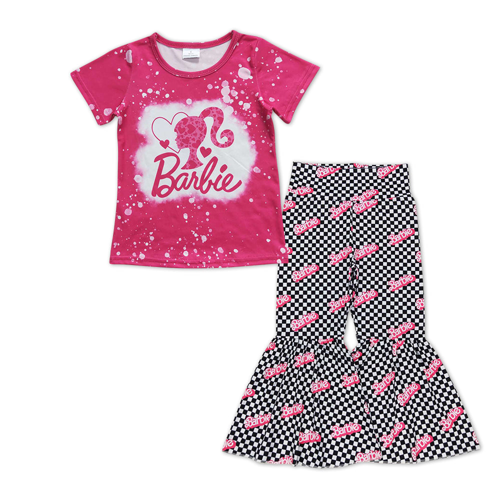 GSPO0993 Pink BA Heart Top Plaid Bell Pants Girls Clothes Set