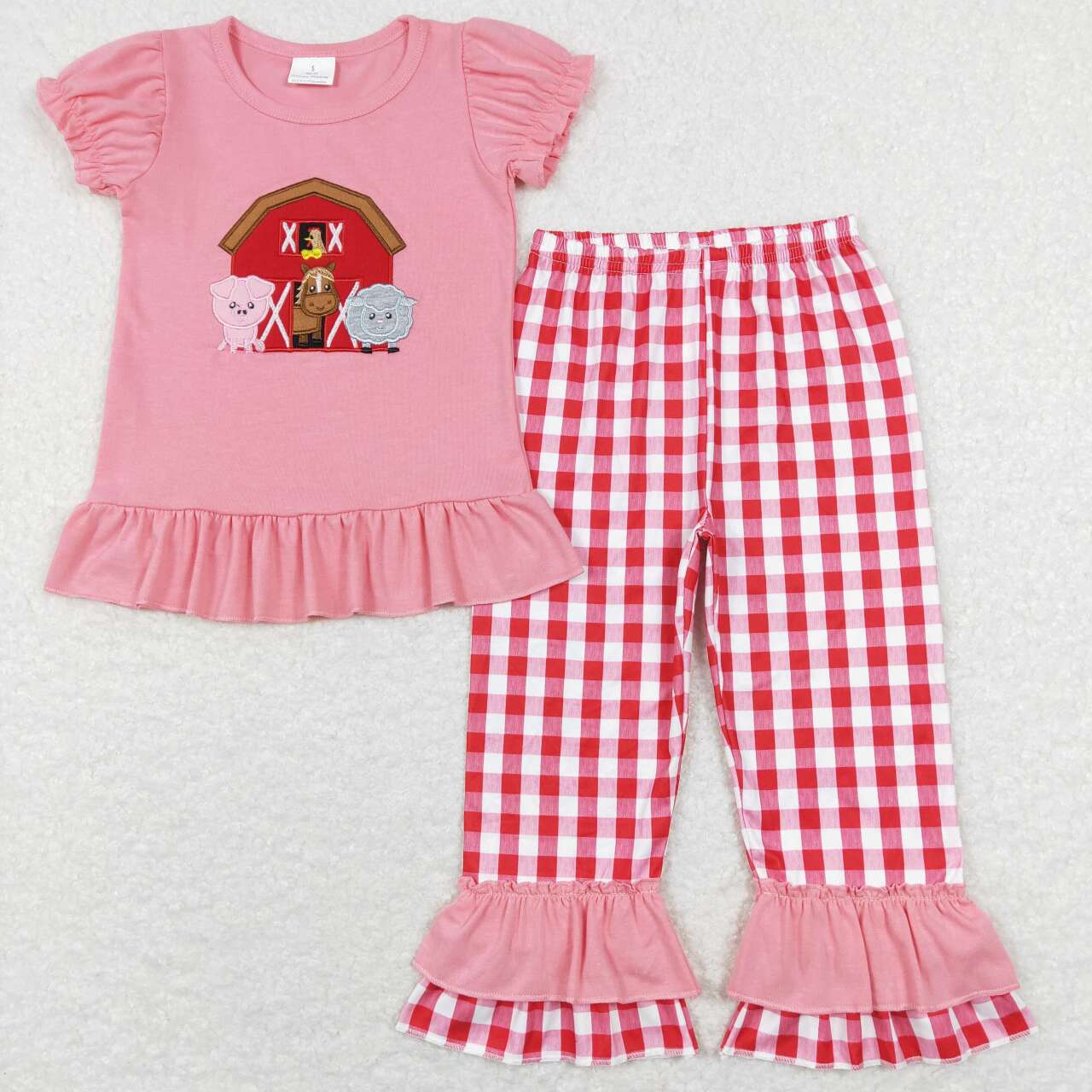 GSPO0994 Pink Farm Animals Embroidery Top Plaid Pants Girls Clothes Set