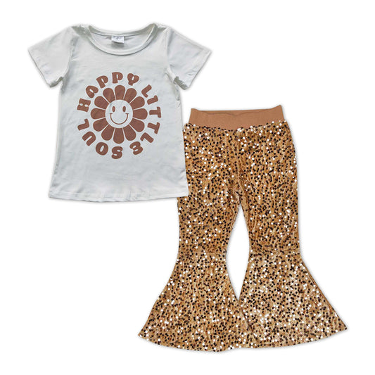 GSPO0995 Happy Little Soul Smiling Face Top Gold Sequin Bell Pants Girls Clothes Set