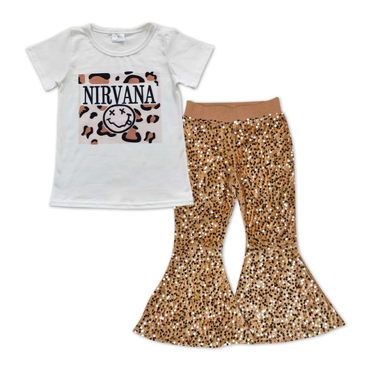GSPO0996 Nirvana Leopard Top Gold Sequin Bell Pants Girls Clothes Set