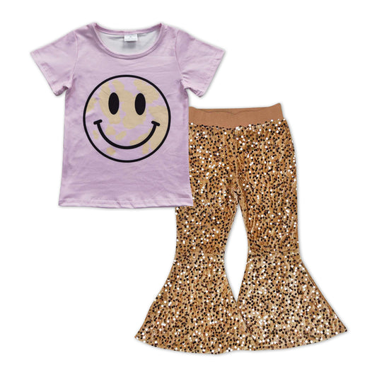 GSPO0997 Pink Smiling Top Gold Sequin Bell Pants Girls Clothes Set