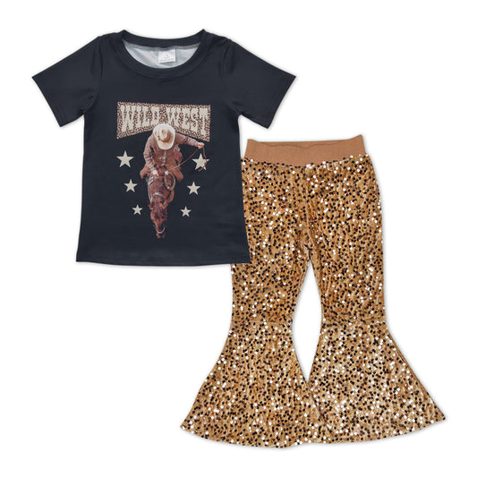 GSPO0999 Black Wild West Top Gold Sequin Bell Pants Girls Western Clothes Set