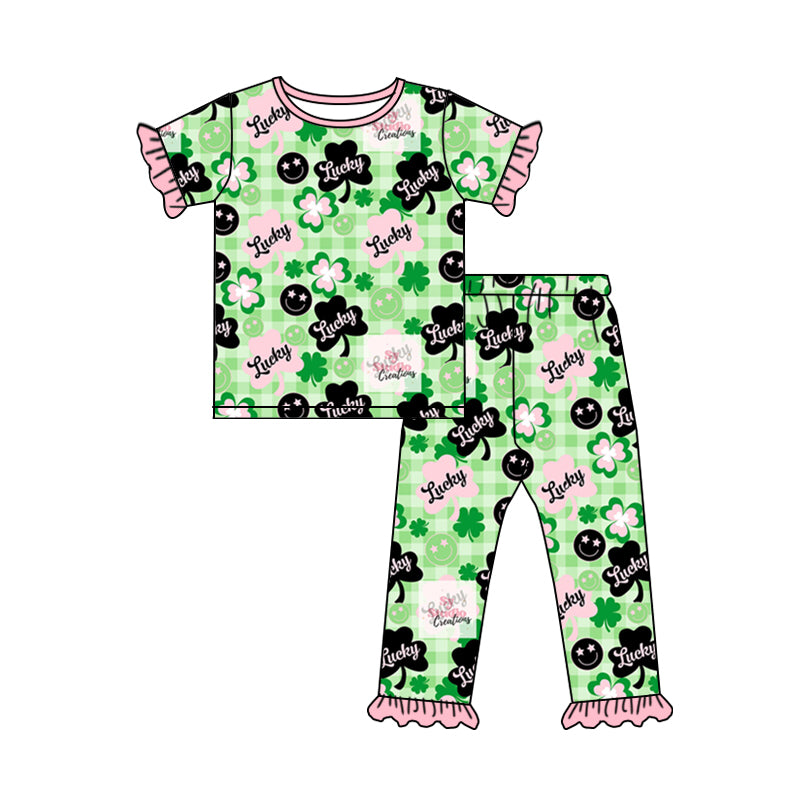 (Pre-order)GSPO1002 Green Plaid Lucky Girls St. Patrick's Pajamas Clothes Set