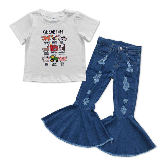 GSPO1003 Animals Top Blue Denim Bell Hole Jeans Girls Clothes Set