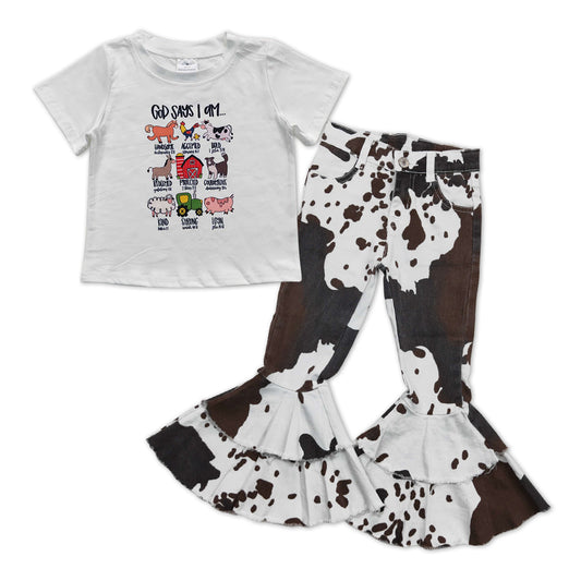 GSPO1005 Animals Top Cow Print Denim Bell Jeans Girls Clothes Set