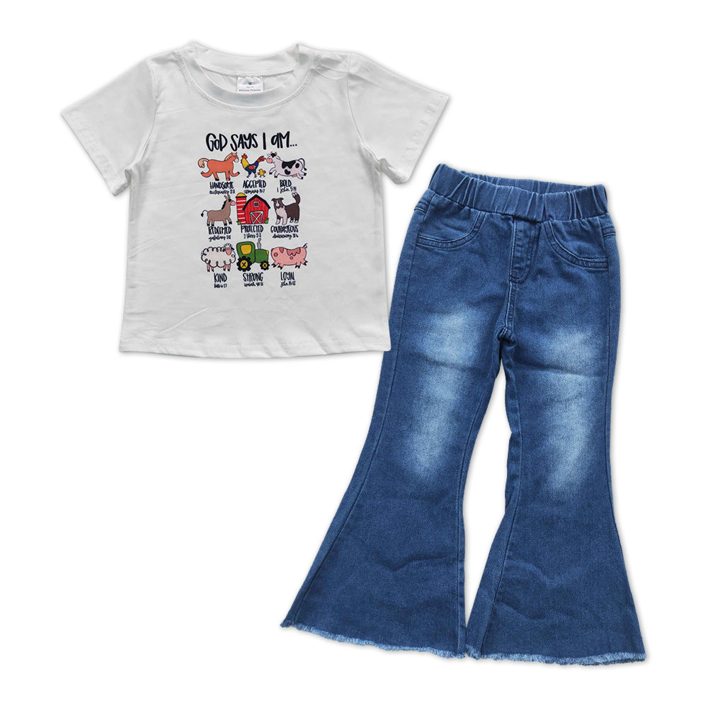 GSPO1007 Animals Top Blue Bleached Denim Bell Jeans Girls Clothes Set
