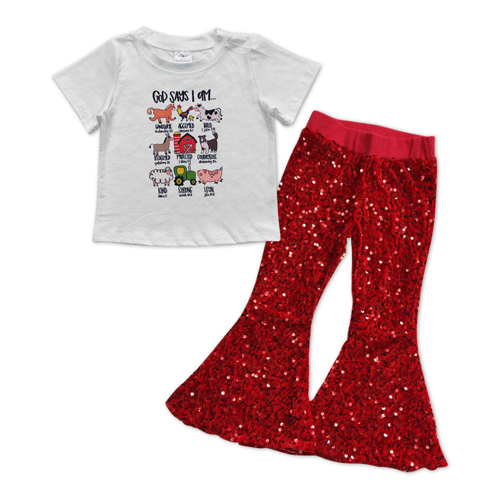 GSPO1009 Animals Top Hot Red Sequin Bell Pants Girls Clothes Sets
