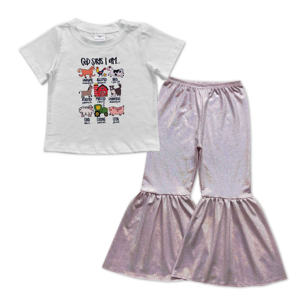 GSPO1010 Animals Top Pink Bell Pants Girls Clothes Set